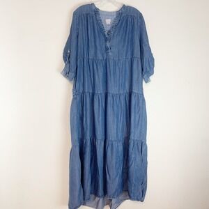 Chico's Dress Womens Medium Petite 1P Maxi Tiered Denim Western Cowgirl Boho MP